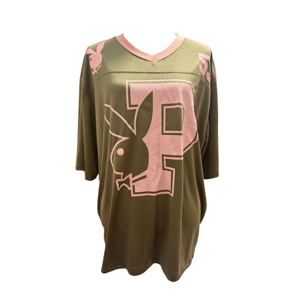 Playboy Football Jersey Shirt Large Olive Green Pink 53 Spencers Mesh Unisex